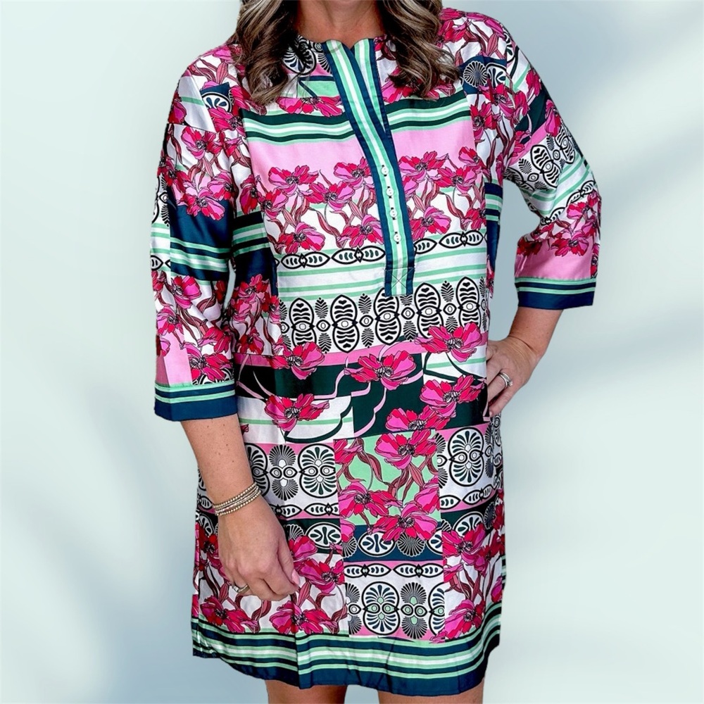 CQ by CQ  Floral Geometric Print Pocket Shift Dress Pink Teal Blue L NWOT